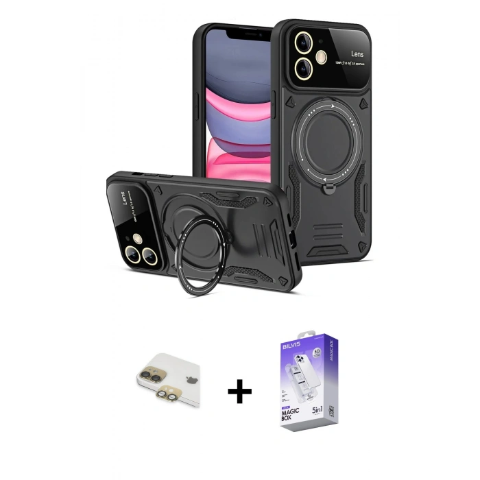 MARSİLYAN™- iPhone 11 Kılıf Kıvılcım Modern Serisi - Siyah Bilvis 5in1 3D Magic Cam Ekran Koruyucu + Pers Alüminyum Kamera Lens - GD