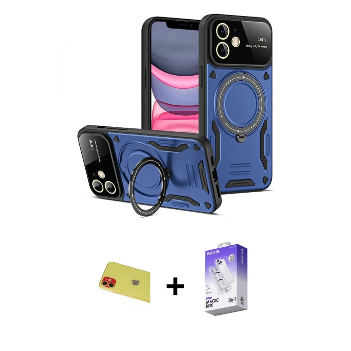 MARSİLYAN™- iPhone 11 Kılıf Kıvılcım Modern Serisi - Siyah Bilvis 5in1 3D Magic Cam Ekran Koruyucu + Rainbow Kamera Lens Koruma Cam - KI
