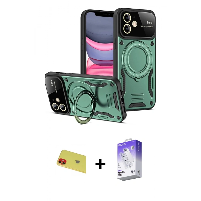 MARSİLYAN™- iPhone 11 Kılıf Kıvılcım Modern Serisi - Siyah Bilvis 5in1 3D Magic Cam Ekran Koruyucu + Rainbow Kamera Lens Koruma Cam - KI