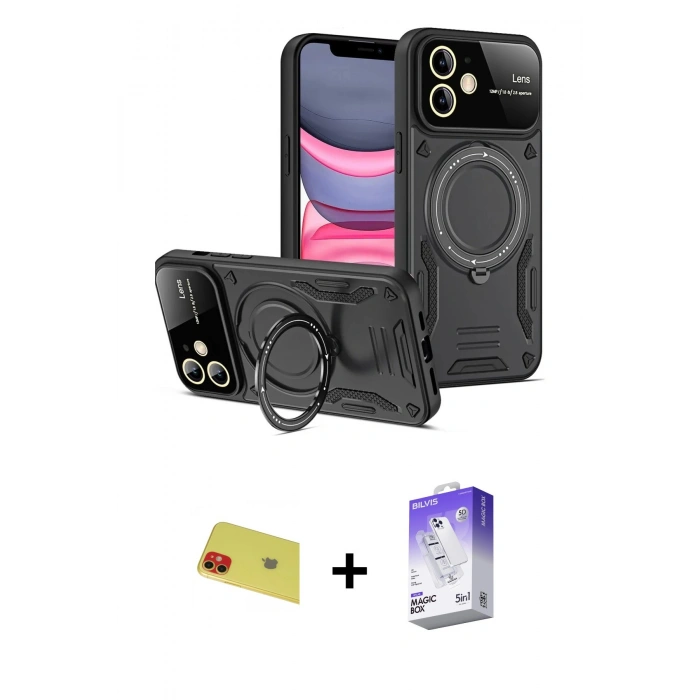 MARSİLYAN™- iPhone 11 Kılıf Kıvılcım Modern Serisi - Siyah Bilvis 5in1 3D Magic Cam Ekran Koruyucu + Rainbow Kamera Lens Koruma Cam - KI