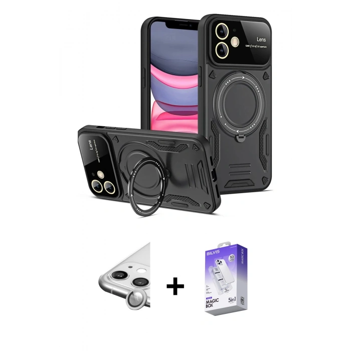 MARSİLYAN™- iPhone 11 Kılıf Kıvılcım Modern Serisi - Siyah Bilvis 5in1 3D Magic Cam Ekran Koruyucu + Raze Metal Kamera Lens - GS