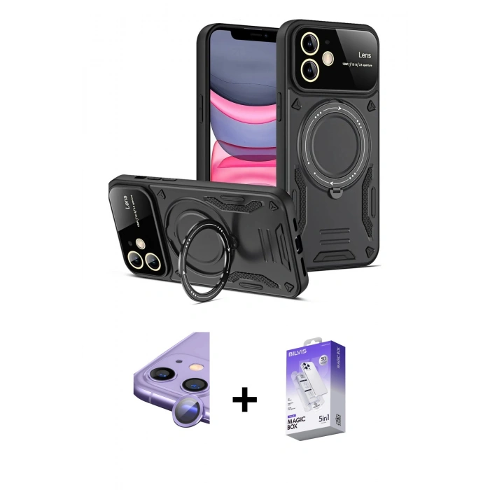 MARSİLYAN™- iPhone 11 Kılıf Kıvılcım Modern Serisi - Siyah Bilvis 5in1 3D Magic Cam Ekran Koruyucu + Raze Metal Kamera Lens - MR