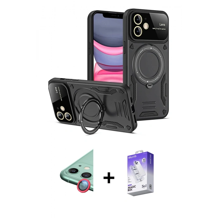 MARSİLYAN™- iPhone 11 Kılıf Kıvılcım Modern Serisi - Siyah Bilvis 5in1 3D Magic Cam Ekran Koruyucu + Raze Metal Kamera Lens - KI