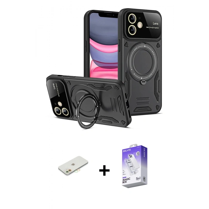 MARSİLYAN™- iPhone 11 Kılıf Kıvılcım Modern Serisi - Siyah Bilvis 5in1 3D Magic Cam Ekran Koruyucu + Renkli Kamera Lens Koruma Cam - TU