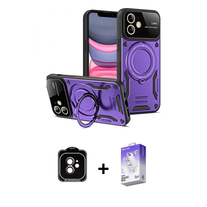 MARSİLYAN™- iPhone 11 Kılıf Kıvılcım Modern Serisi - Siyah Bilvis 5in1 3D Magic Cam Ekran Koruyucu + Turuncu PVD Metal Kamera Lens
