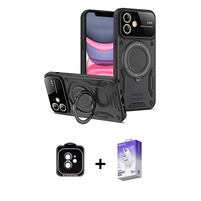 MARSİLYAN™- iPhone 11 Kılıf Kıvılcım Modern Serisi - Siyah Bilvis 5in1 3D Magic Cam Ekran Koruyucu + Turuncu PVD Metal Kamera Lens