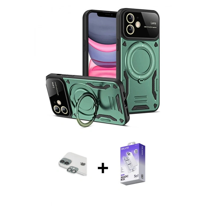 MARSİLYAN™- iPhone 11 Kılıf Kıvılcım Modern Serisi - Siyah Bilvis 5in1 3D Magic Cam Ekran Koruyucu + Yeşil Pers Alüminyum Kamera Lens