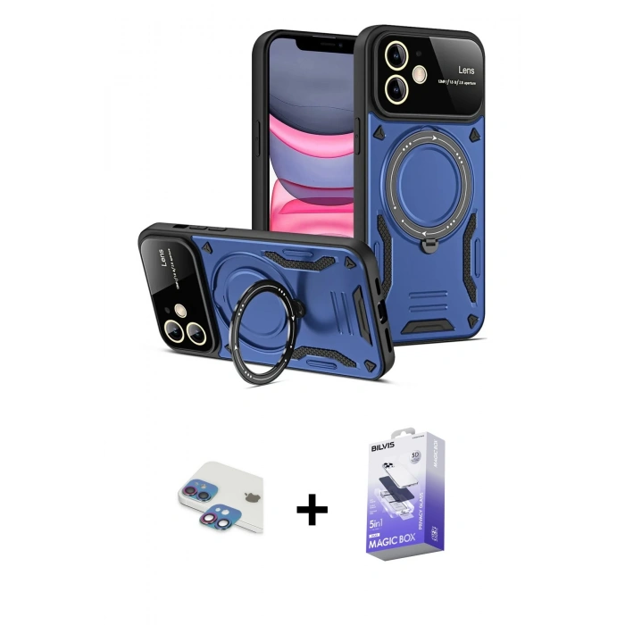 MARSİLYAN™- iPhone 11 Kılıf Kıvılcım Modern Serisi - Siyah Bilvis 5in1 5D Magic Hayalet Cam Ekran Koruyucu + Pers Alüminyum Kamera Lens - GI