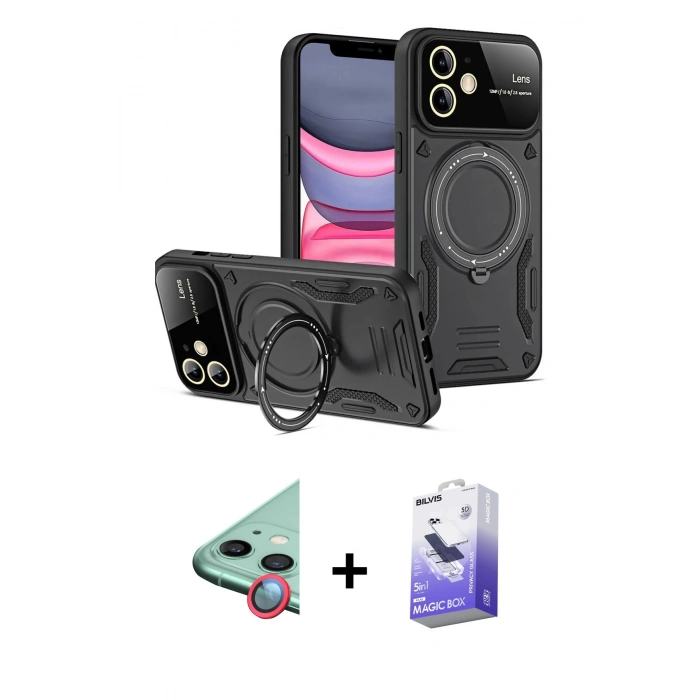 MARSİLYAN™- iPhone 11 Kılıf Kıvılcım Modern Serisi - Siyah Bilvis 5in1 5D Magic Hayalet Cam Ekran Koruyucu + Raze Metal Kamera Lens - KI