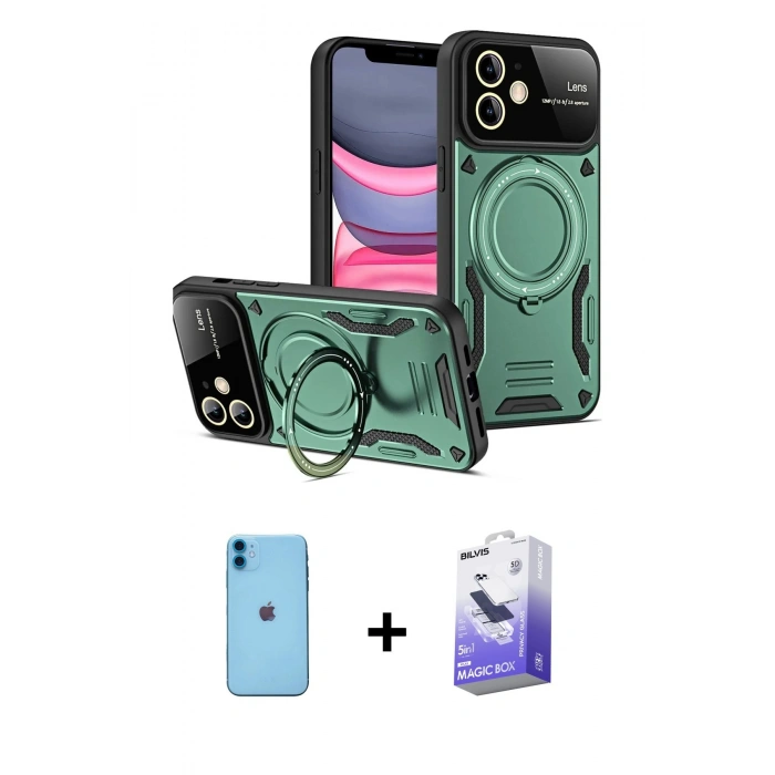 MARSİLYAN™- iPhone 11 Kılıf Kıvılcım Modern Serisi - Siyah Bilvis 5in1 5D Magic Hayalet Cam Ekran Koruyucu + Neon Fosforlu Kamera Lens - MI