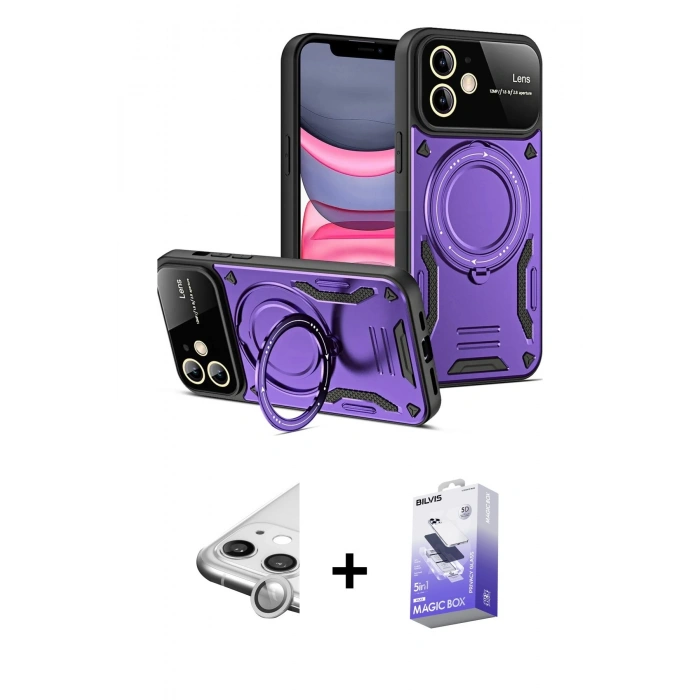 MARSİLYAN™- iPhone 11 Kılıf Kıvılcım Modern Serisi - Siyah Bilvis 5in1 5D Magic Hayalet Cam Ekran Koruyucu + Raze Metal Kamera Lens - GS