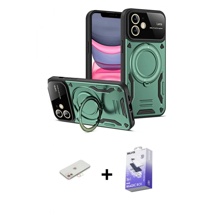 MARSİLYAN™- iPhone 11 Kılıf Kıvılcım Modern Serisi - Siyah Bilvis 5in1 5D Magic Hayalet Cam Ekran Koruyucu + Renkli Kamera Lens Koruma Cam - YL