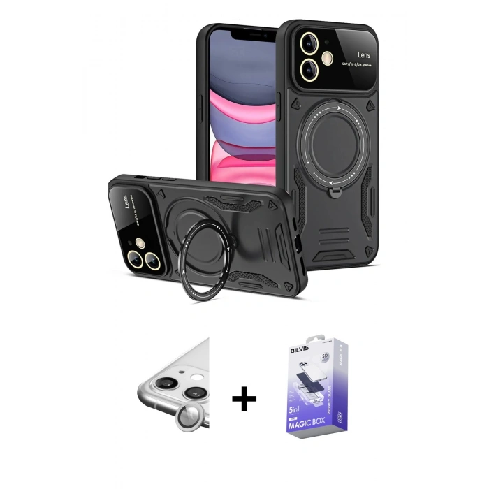 MARSİLYAN™- iPhone 11 Kılıf Kıvılcım Modern Serisi - Siyah Bilvis 5in1 5D Magic Hayalet Cam Ekran Koruyucu + Raze Metal Kamera Lens - GS