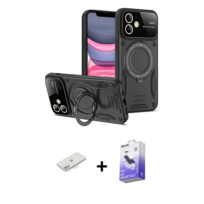 MARSİLYAN™- iPhone 11 Kılıf Kıvılcım Modern Serisi - Siyah Bilvis 5in1 5D Magic Hayalet Cam Ekran Koruyucu + Renkli Kamera Lens Koruma Cam - SI