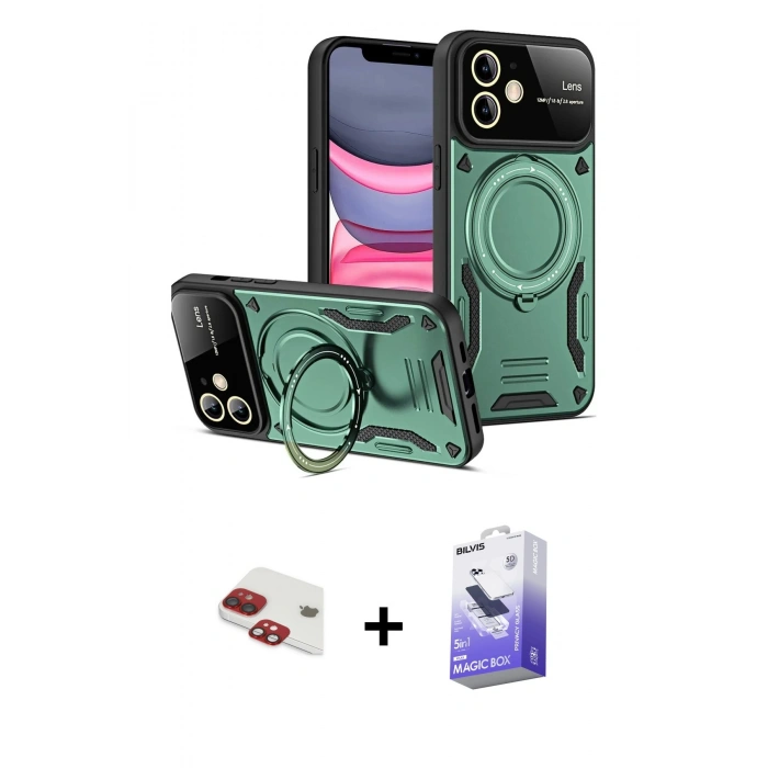 MARSİLYAN™- iPhone 11 Kılıf Kıvılcım Modern Serisi - Siyah Bilvis 5in1 5D Magic Hayalet Cam Ekran Koruyucu + Kırmızı Pers Alüminyum Kamera Lens