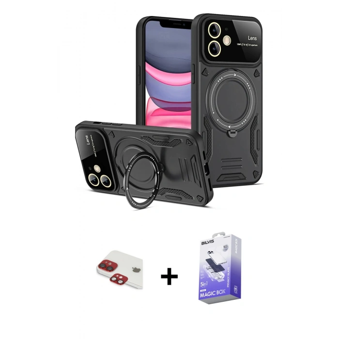 MARSİLYAN™- iPhone 11 Kılıf Kıvılcım Modern Serisi - Siyah Bilvis 5in1 5D Magic Hayalet Cam Ekran Koruyucu + Kırmızı Pers Alüminyum Kamera Lens