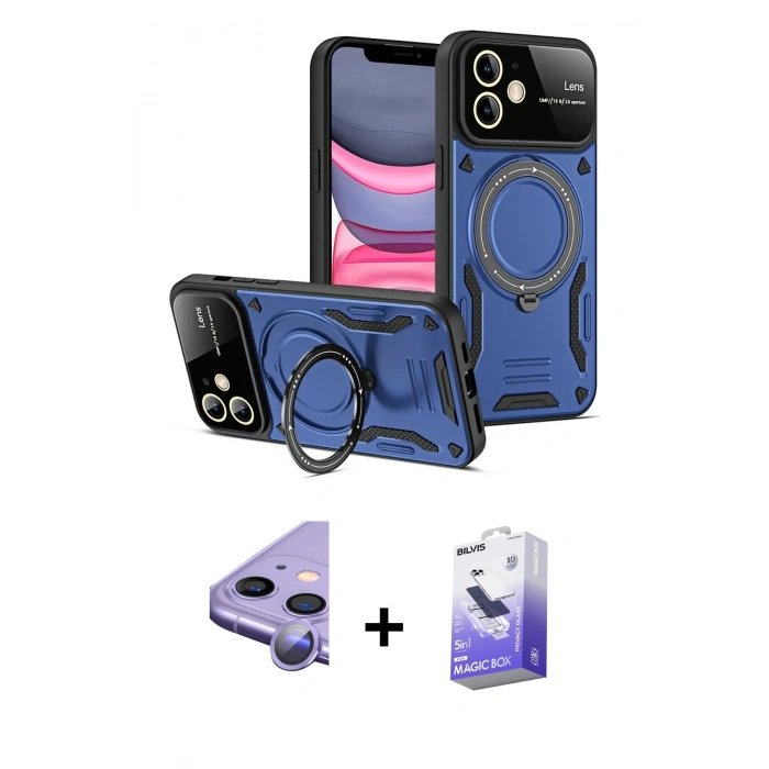 MARSİLYAN™- iPhone 11 Kılıf Kıvılcım Modern Serisi - Siyah Bilvis 5in1 5D Magic Hayalet Cam Ekran Koruyucu + Raze Metal Kamera Lens - MR