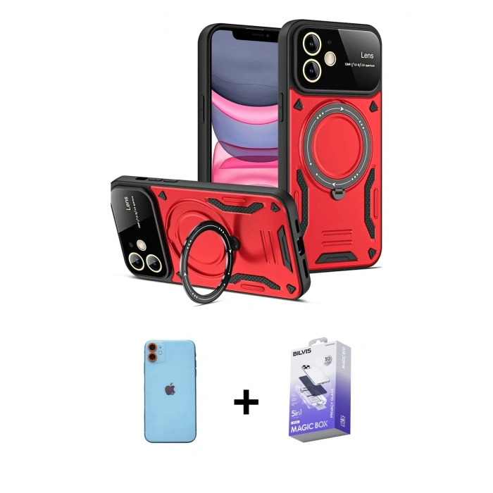MARSİLYAN™- iPhone 11 Kılıf Kıvılcım Modern Serisi - Siyah Bilvis 5in1 5D Magic Hayalet Cam Ekran Koruyucu + Neon Fosforlu Kamera Lens - TU
