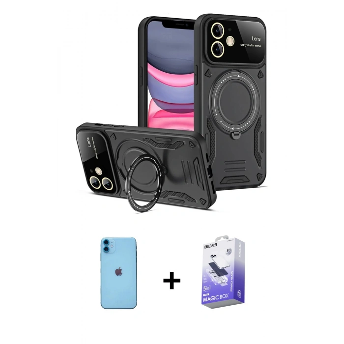 MARSİLYAN™- iPhone 11 Kılıf Kıvılcım Modern Serisi - Siyah Bilvis 5in1 5D Magic Hayalet Cam Ekran Koruyucu + Neon Fosforlu Kamera Lens - MI