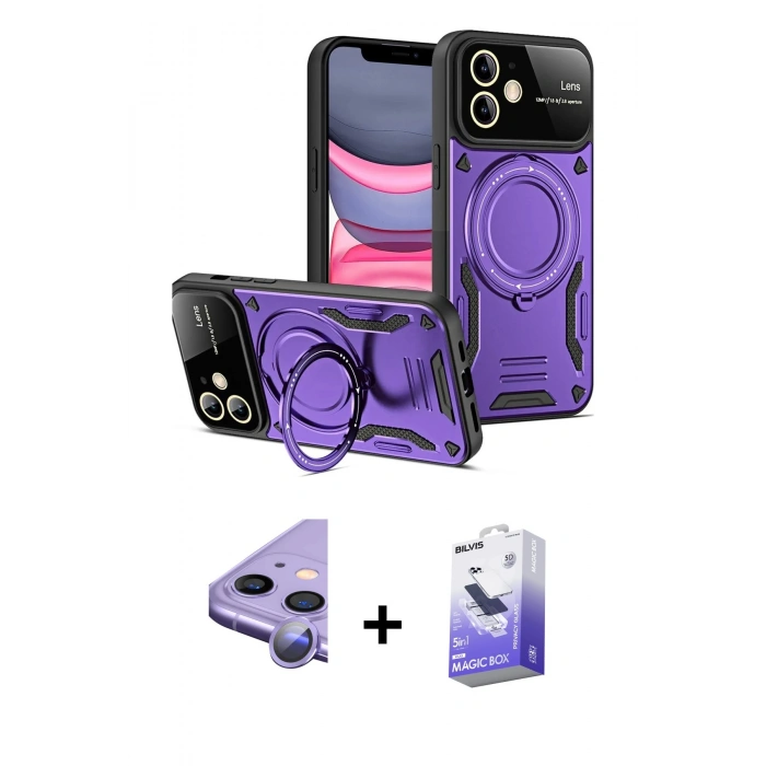 MARSİLYAN™- iPhone 11 Kılıf Kıvılcım Modern Serisi - Siyah Bilvis 5in1 5D Magic Hayalet Cam Ekran Koruyucu + Raze Metal Kamera Lens - MR