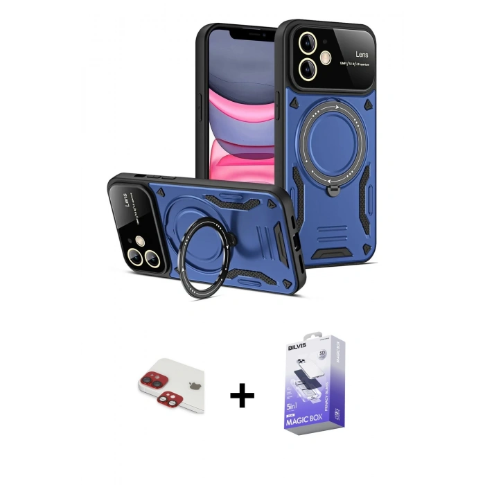 MARSİLYAN™- iPhone 11 Kılıf Kıvılcım Modern Serisi - Siyah Bilvis 5in1 5D Magic Hayalet Cam Ekran Koruyucu + Kırmızı Pers Alüminyum Kamera Lens