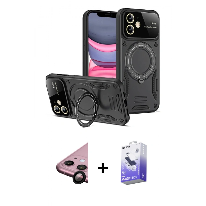 MARSİLYAN™- iPhone 11 Kılıf Kıvılcım Modern Serisi - Siyah Bilvis 5in1 5D Magic Hayalet Cam Ekran Koruyucu + Raze Metal Kamera Lens - SH