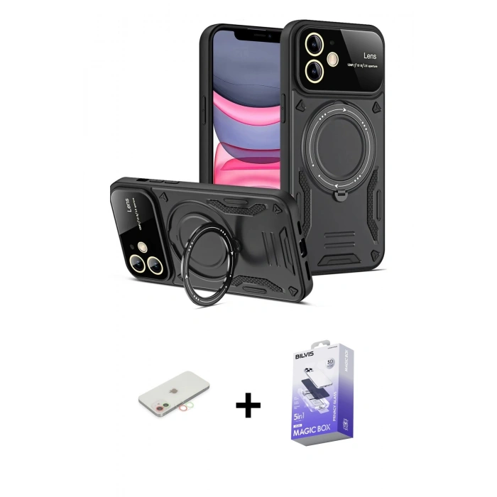 MARSİLYAN™- iPhone 11 Kılıf Kıvılcım Modern Serisi - Siyah Bilvis 5in1 5D Magic Hayalet Cam Ekran Koruyucu + Renkli Kamera Lens Koruma Cam - YL