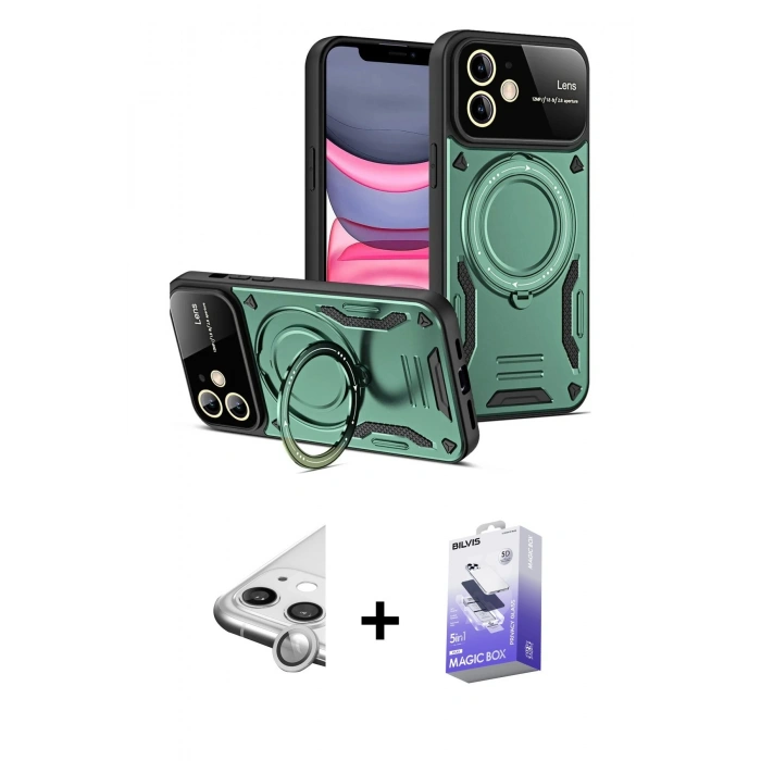 MARSİLYAN™- iPhone 11 Kılıf Kıvılcım Modern Serisi - Siyah Bilvis 5in1 5D Magic Hayalet Cam Ekran Koruyucu + Raze Metal Kamera Lens - GS