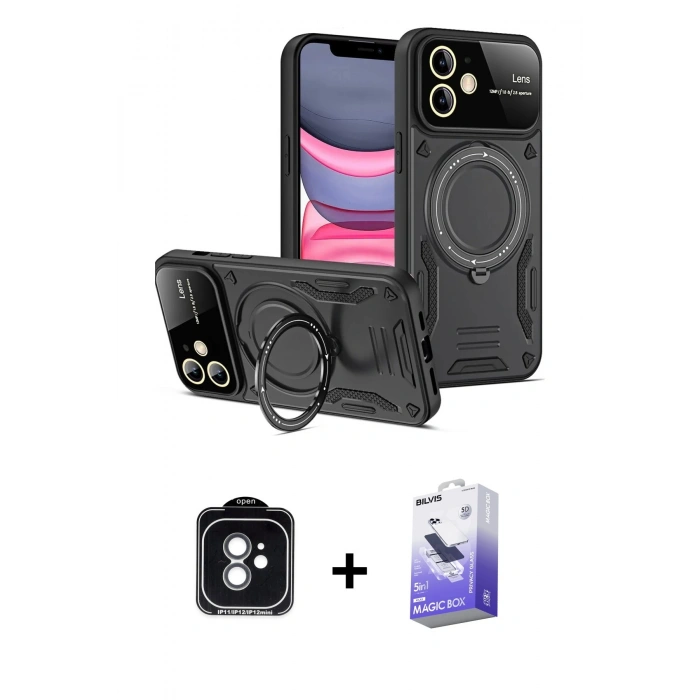 MARSİLYAN™- iPhone 11 Kılıf Kıvılcım Modern Serisi - Siyah Bilvis 5in1 5D Magic Hayalet Cam Ekran Koruyucu + PVD Metal Kamera Lens - YL