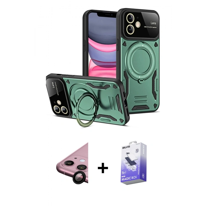 MARSİLYAN™- iPhone 11 Kılıf Kıvılcım Modern Serisi - Siyah Bilvis 5in1 5D Magic Hayalet Cam Ekran Koruyucu + Raze Metal Kamera Lens - SH