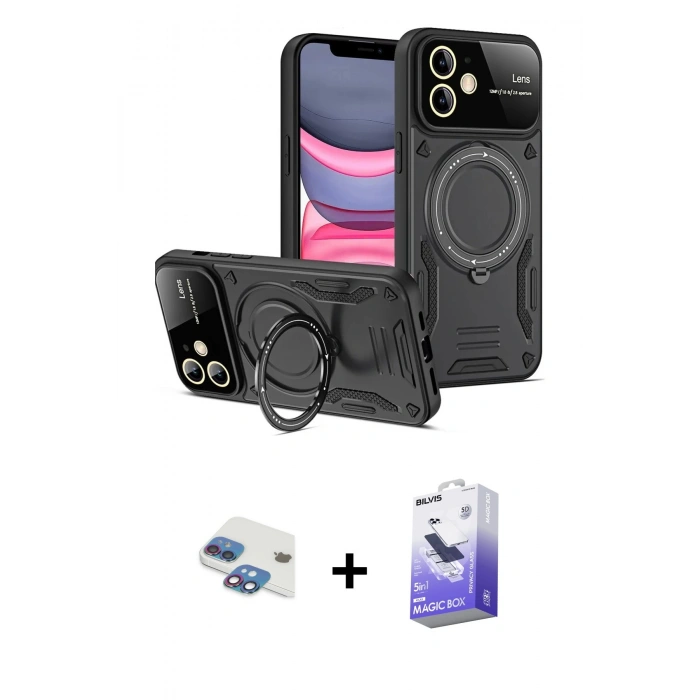 MARSİLYAN™- iPhone 11 Kılıf Kıvılcım Modern Serisi - Siyah Bilvis 5in1 5D Magic Hayalet Cam Ekran Koruyucu + Pers Alüminyum Kamera Lens - GI