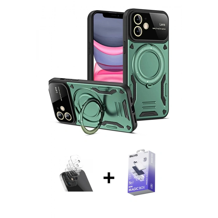 MARSİLYAN™- iPhone 11 Kılıf Kıvılcım Modern Serisi - Siyah Bilvis 5in1 5D Magic Hayalet Cam Ekran Koruyucu + Kamera Lens Koruma Cam - SF