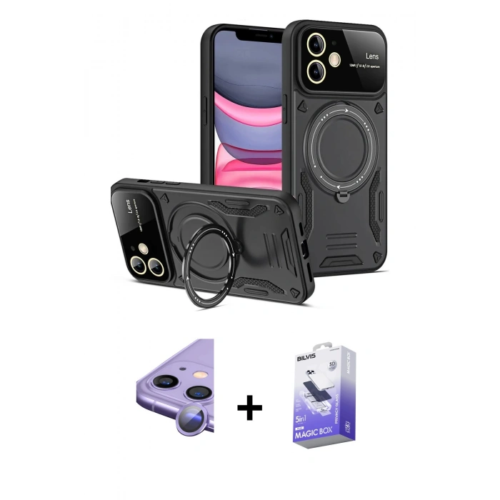 MARSİLYAN™- iPhone 11 Kılıf Kıvılcım Modern Serisi - Siyah Bilvis 5in1 5D Magic Hayalet Cam Ekran Koruyucu + Raze Metal Kamera Lens - MR