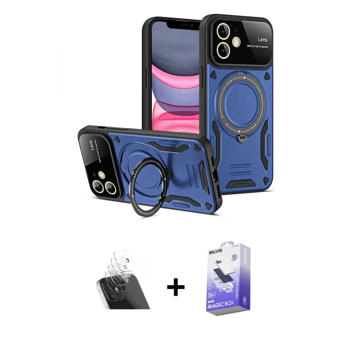 MARSİLYAN™- iPhone 11 Kılıf Kıvılcım Modern Serisi - Siyah Bilvis 5in1 5D Magic Hayalet Cam Ekran Koruyucu + Kamera Lens Koruma Cam - SF