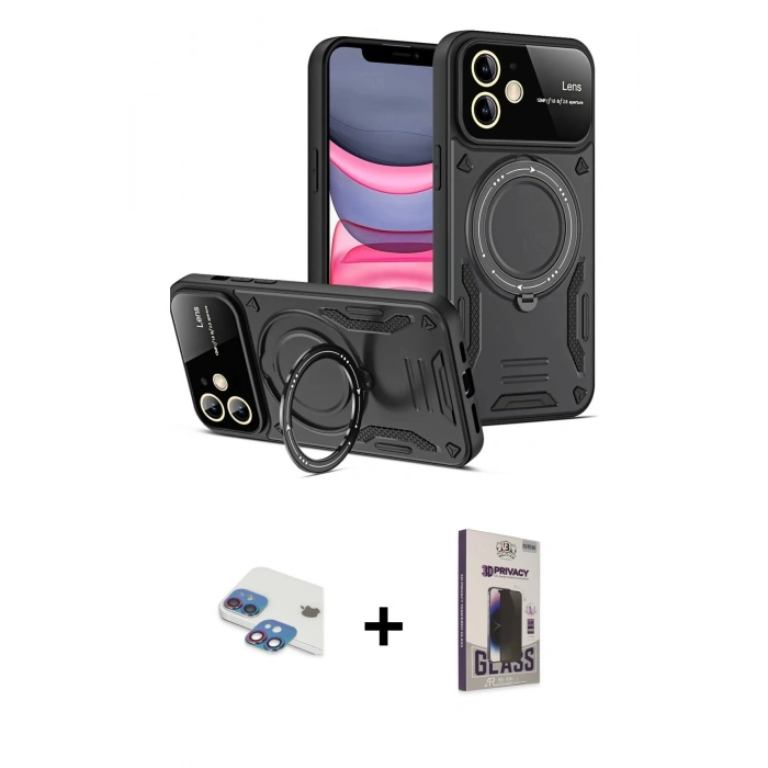 MARSİLYAN™- iPhone 11 Kılıf Kıvılcım Modern Serisi - Siyah Bilvis Hayalet Cam Ekran Koruyucu + Pers Alüminyum Kamera Lens - GI