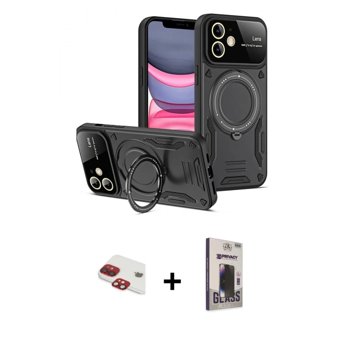 MARSİLYAN™- iPhone 11 Kılıf Kıvılcım Modern Serisi - Siyah Bilvis Hayalet Cam Ekran Koruyucu + Pers Alüminyum Kamera Lens - KI