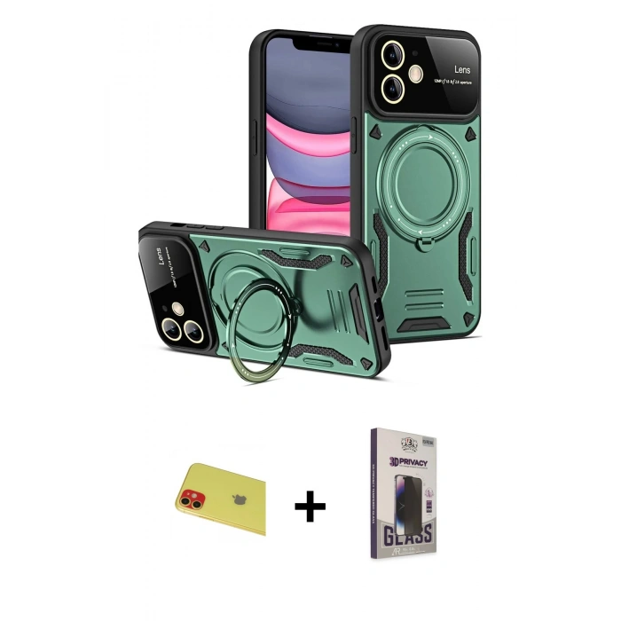 MARSİLYAN™- iPhone 11 Kılıf Kıvılcım Modern Serisi - Siyah Bilvis Hayalet Cam Ekran Koruyucu + Rainbow Kamera Lens Koruma Cam - KI