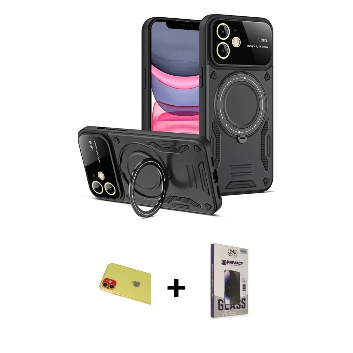 MARSİLYAN™- iPhone 11 Kılıf Kıvılcım Modern Serisi - Siyah Bilvis Hayalet Cam Ekran Koruyucu + Rainbow Kamera Lens Koruma Cam - KI