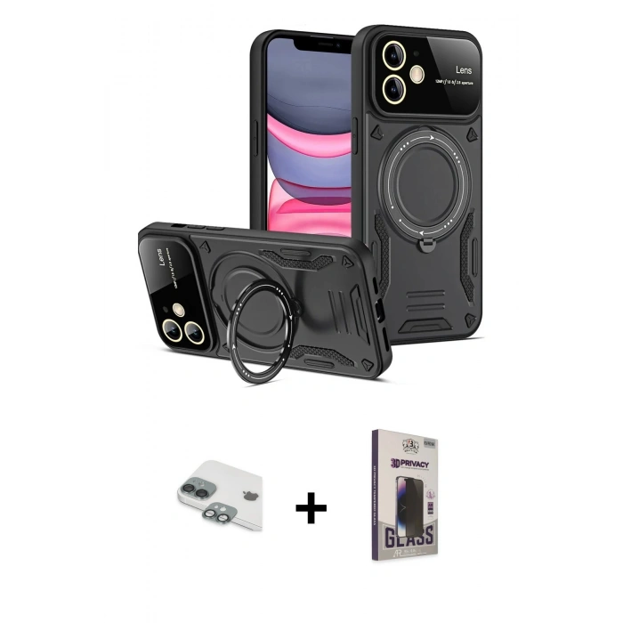 MARSİLYAN™- iPhone 11 Kılıf Kıvılcım Modern Serisi - Siyah Bilvis Hayalet Cam Ekran Koruyucu + Pers Alüminyum Kamera Lens - YL