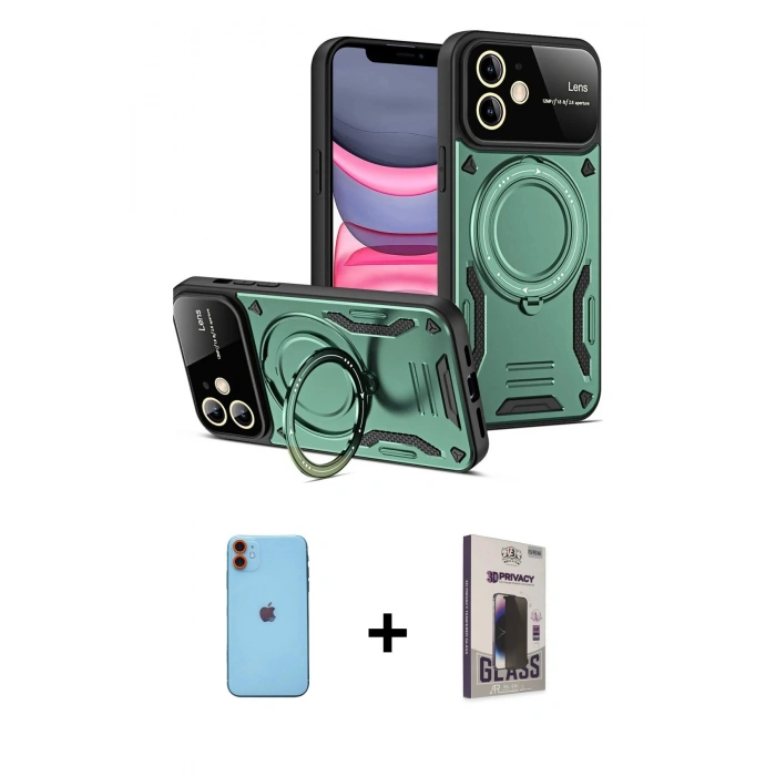 MARSİLYAN™- iPhone 11 Kılıf Kıvılcım Modern Serisi - Siyah Bilvis Hayalet Cam Ekran Koruyucu + Neon Fosforlu Kamera Lens - TU