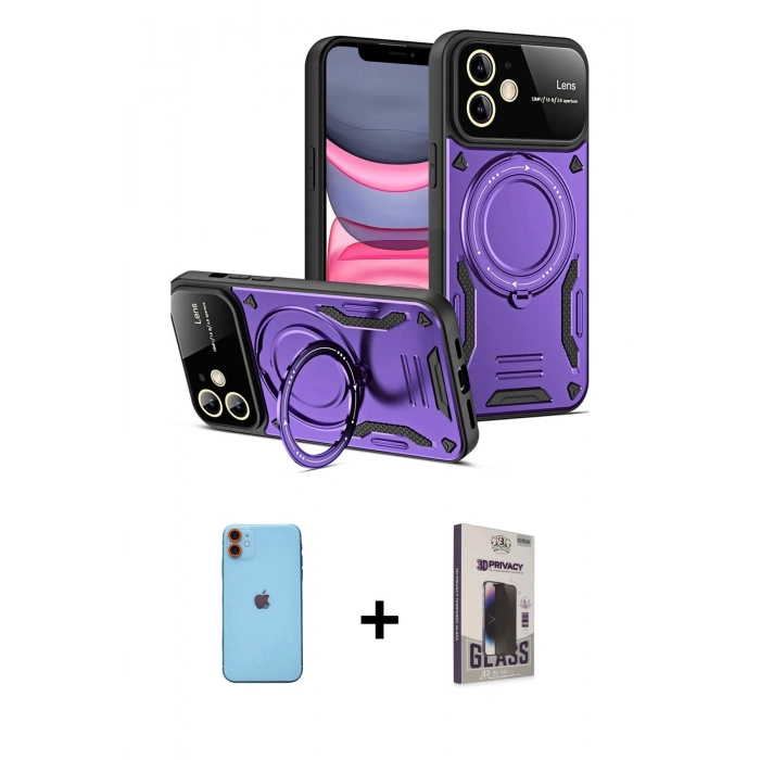 MARSİLYAN™- iPhone 11 Kılıf Kıvılcım Modern Serisi - Siyah Bilvis Hayalet Cam Ekran Koruyucu + Neon Fosforlu Kamera Lens - TU