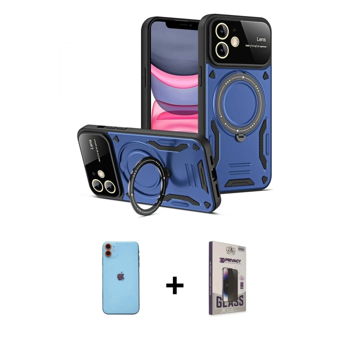 MARSİLYAN™- iPhone 11 Kılıf Kıvılcım Modern Serisi - Siyah Bilvis Hayalet Cam Ekran Koruyucu + Neon Fosforlu Kamera Lens - TU