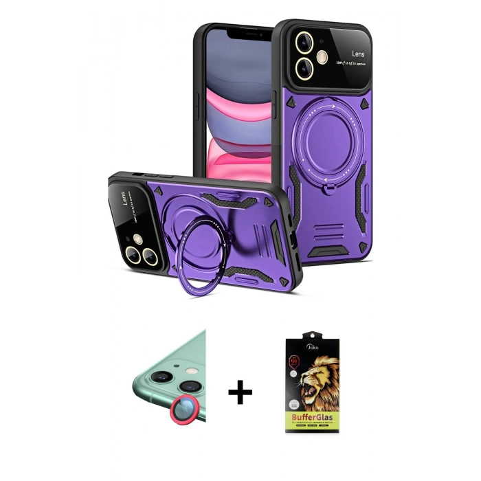 MARSİLYAN™- iPhone 11 Kılıf Kıvılcım Modern Serisi - Siyah Buffer Cam Ekran Koruyucu + Raze Metal Kamera Lens - KI