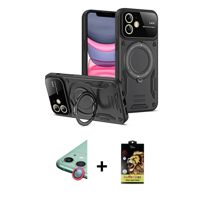 MARSİLYAN™- iPhone 11 Kılıf Kıvılcım Modern Serisi - Siyah Buffer Cam Ekran Koruyucu + Raze Metal Kamera Lens - KI