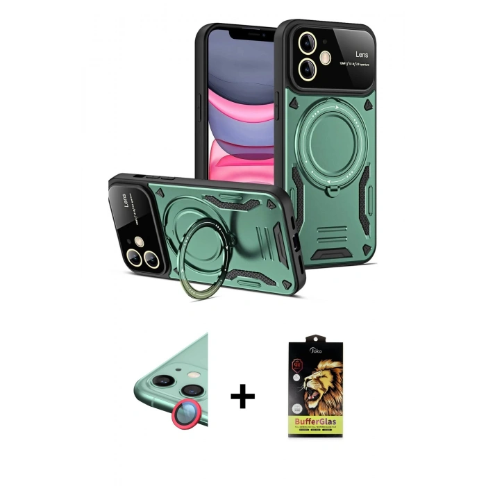 MARSİLYAN™- iPhone 11 Kılıf Kıvılcım Modern Serisi - Siyah Buffer Cam Ekran Koruyucu + Raze Metal Kamera Lens - KI