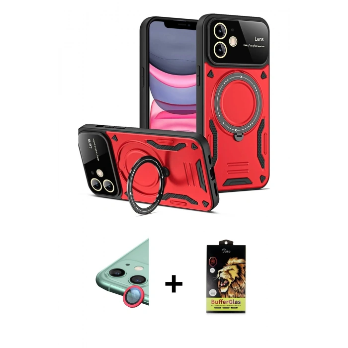 MARSİLYAN™- iPhone 11 Kılıf Kıvılcım Modern Serisi - Siyah Buffer Cam Ekran Koruyucu + Raze Metal Kamera Lens - KI
