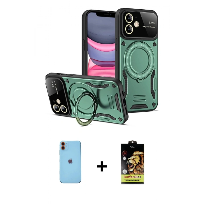 MARSİLYAN™- iPhone 11 Kılıf Kıvılcım Modern Serisi - Siyah Buffer Cam Ekran Koruyucu + Neon Fosforlu Kamera Lens - TU