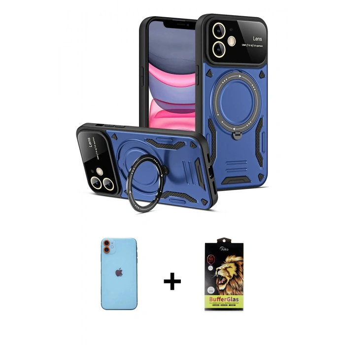 MARSİLYAN™- iPhone 11 Kılıf Kıvılcım Modern Serisi - Siyah Buffer Cam Ekran Koruyucu + Neon Fosforlu Kamera Lens - TU