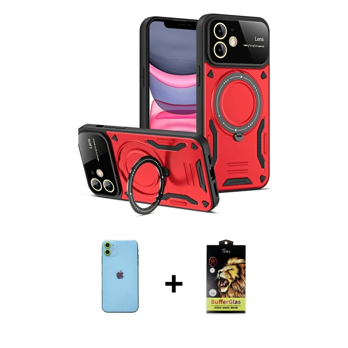 MARSİLYAN™- iPhone 11 Kılıf Kıvılcım Modern Serisi - Siyah Buffer Cam Ekran Koruyucu + Neon Fosforlu Kamera Lens - YL
