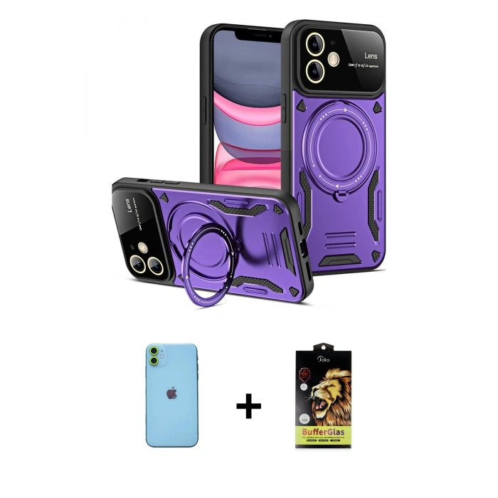 MARSİLYAN™- iPhone 11 Kılıf Kıvılcım Modern Serisi - Siyah Buffer Cam Ekran Koruyucu + Neon Fosforlu Kamera Lens - YL